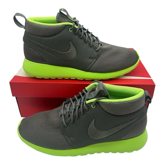 Nike Roshe Run Mid Running Shoes Mens Sz 10.5 Mercury Grey/Flash‎ Lime Sneakers